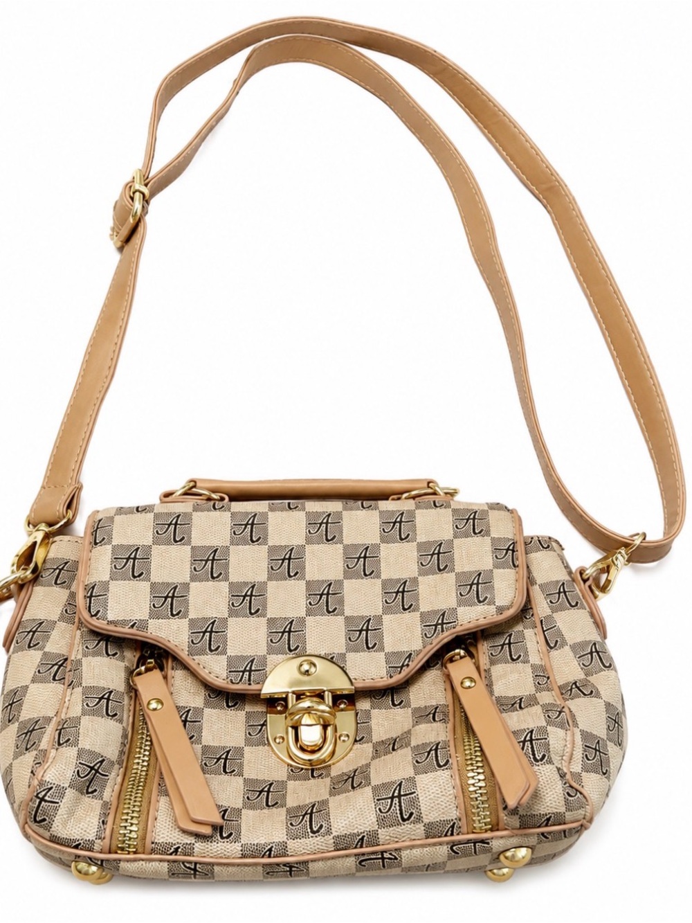 Checked Beige Crossbody Bag with Gold Hardware mini bag clean interior